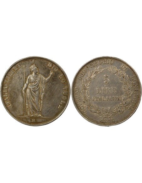 Royaume de Lombardie Gouvernement Provisoire 5 lire Argent 1848 M Milan
