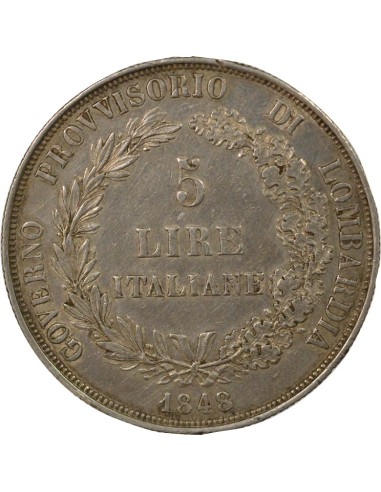 Royaume de Lombardie Gouvernement Provisoire 5 lire Argent 1848 M Milan