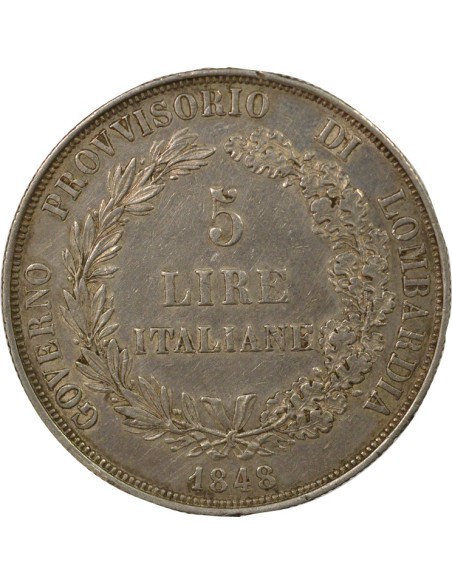 Royaume de Lombardie Gouvernement Provisoire 5 lire Argent 1848 M Milan