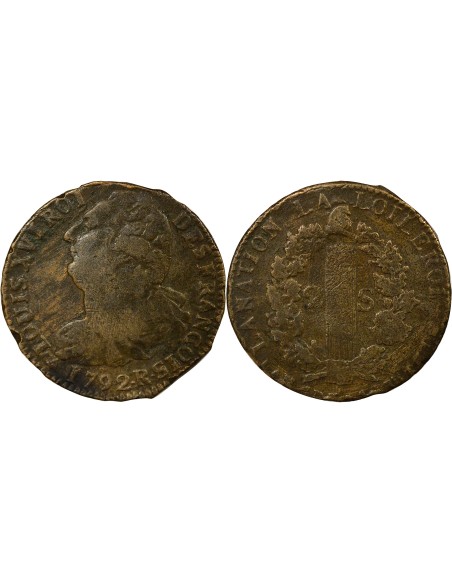 Louis XVI Au Faisceau 2 sols Cuivre 1792 R Orléans