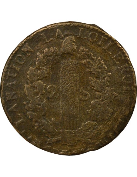 Louis XVI Au Faisceau 2 sols Cuivre 1792 R Orléans