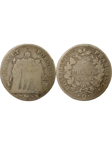 Union & Force 5 francs Argent An 5 Q Perpignan