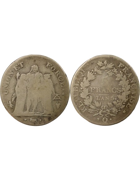Union & Force 5 francs Argent An 5 Q Perpignan