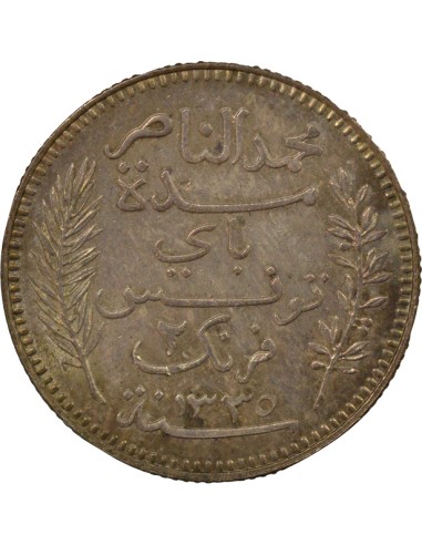 Tunisie Naceur Bey 2 francs Argent 1916 A Paris
