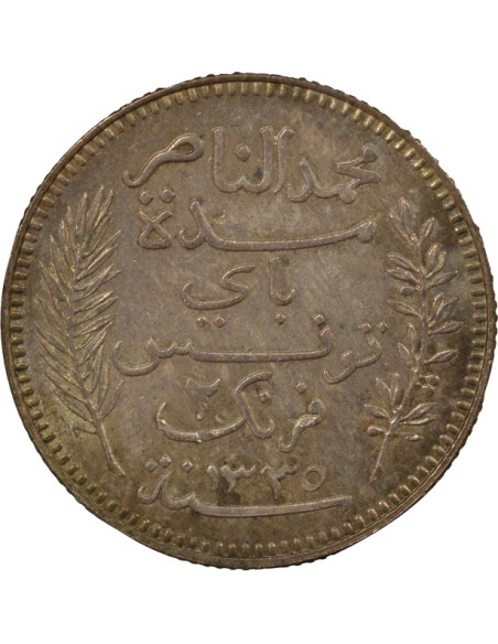 Tunisie Naceur Bey 2 francs Argent 1916 A Paris