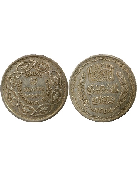 Tunisie Ahmed II Bey 5 francs Argent 1939 A Paris