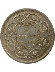 Tunisie Ahmed II Bey 5 francs Argent 1939 A Paris 2