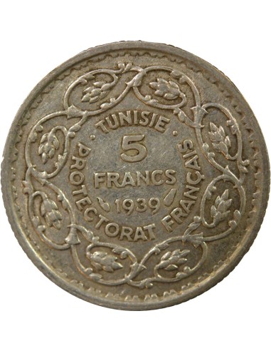 Tunisie Ahmed II Bey 5 francs Argent 1939 A Paris