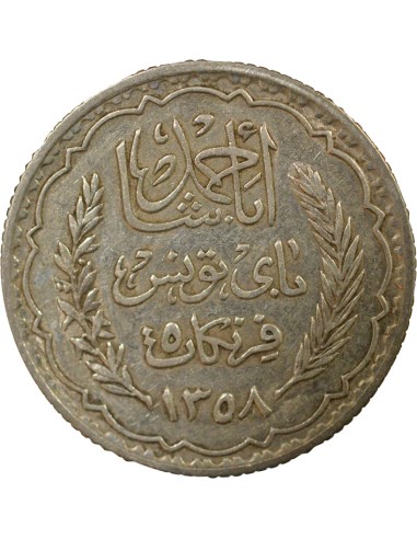Tunisie Ahmed II Bey 5 francs Argent 1939 A Paris