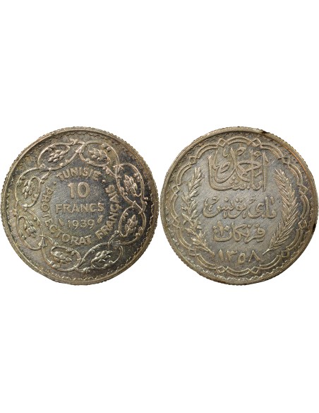 Tunisie Ahmed II Bey 10 francs Argent 1939 A Paris