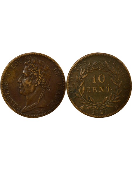 Colonies Françaises Charles X 10 centimes Bronze 1827 H La Rochelle