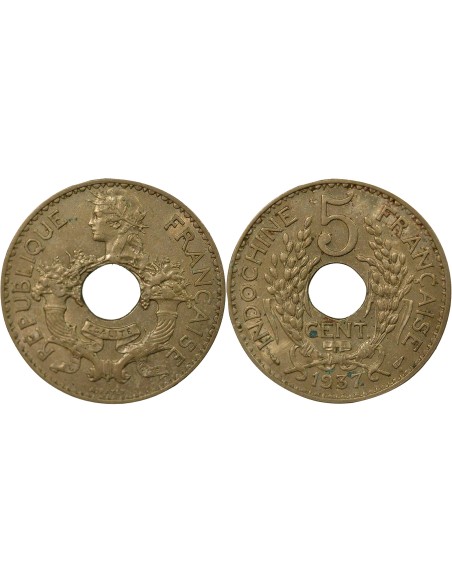 Indo-Chine Fr. 5 centième Maillechort 1937 A Paris