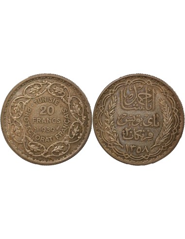 Tunisie Ahmed II Bey 20 francs Argent 1358 (1939) A Paris