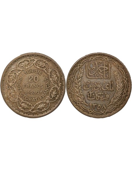 Tunisie Ahmed II Bey 20 francs Argent 1358 (1939) A Paris