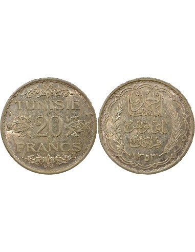 Tunisie Ahmed II Bey 20 francs Argent 1353 ah A Paris