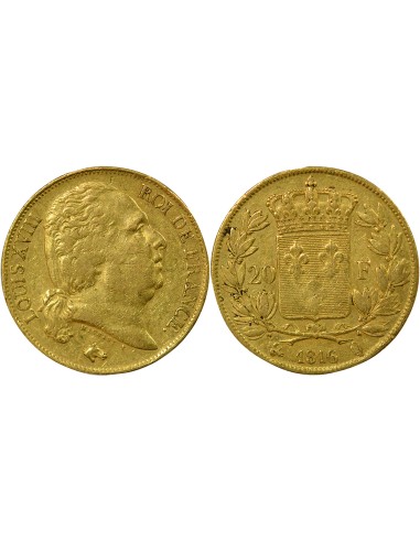 Louis XVIII Tête nue 20 francs Or 1816 Q Perpignan