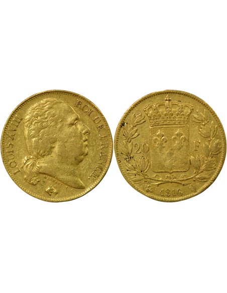 Louis XVIII Tête nue 20 francs Or 1816 Q Perpignan