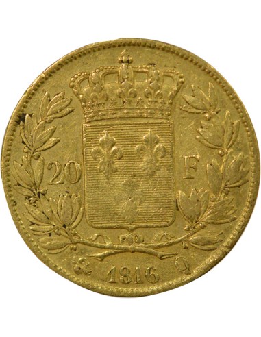 Louis XVIII Tête nue 20 francs Or 1816 Q Perpignan