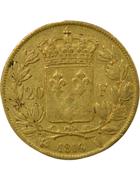 Louis XVIII Tête nue 20 francs Or 1816 Q Perpignan