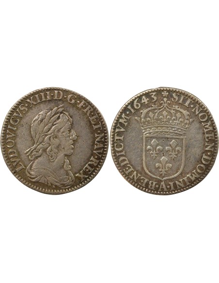 Louis XIII 2e Buste de Warin 1/12 écu Argent 1643 A - Paris