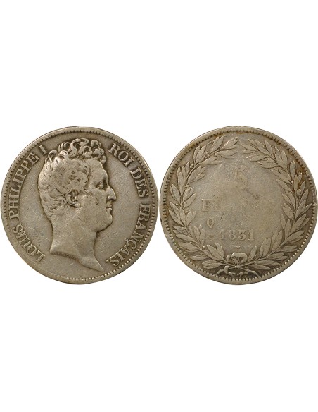 Louis-Philippe Ier Tr. en Creux 5 francs Argent 1831 Q Perpignan