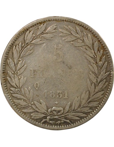 Louis-Philippe Ier Tr. en Creux 5 francs Argent 1831 Q Perpignan
