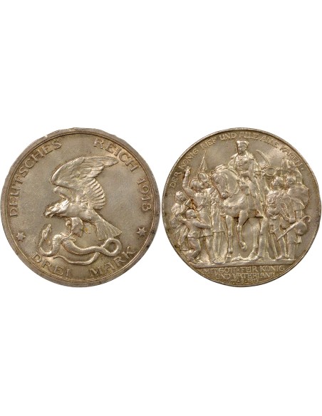 Etats Allemands (Prusse) Guillaume II Déclaration de Guerre 3 mark Argent 1913 A Berlin