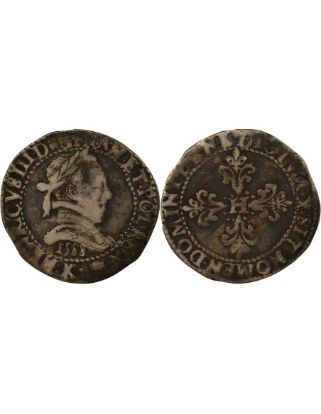 Henri III au Col Plat 1/2 franc Argent 1588 K Bordeaux