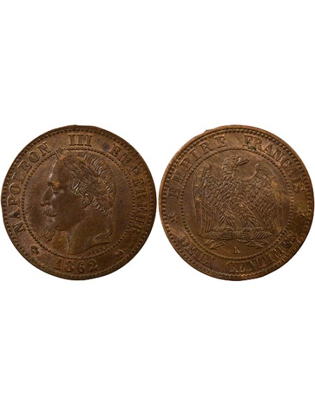 Napoléon III Tête Laurée 2 centimes Bronze 1862 K Bordeaux