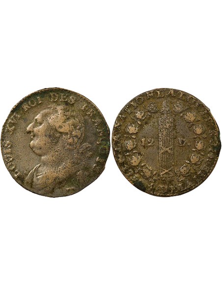 Louis XVI au Faisceau 12 deniers Cuivre 1792 T Nantes