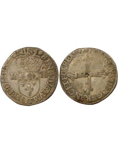 Henri III Croix de Face 1/4 écu Argent 1589 T Nantes