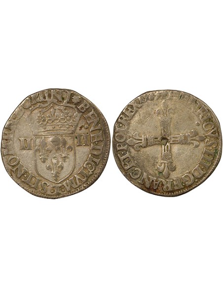 Henri III Croix de Face 1/4 écu Argent 1589 T Nantes