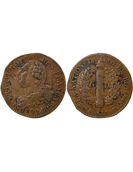 Louis XVI au Faisceau 6 deniers Cuivre 1792 BB Strasbourg