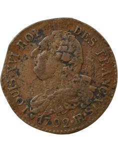 Louis XVI au Faisceau 6 deniers Cuivre 1792 BB Strasbourg 2