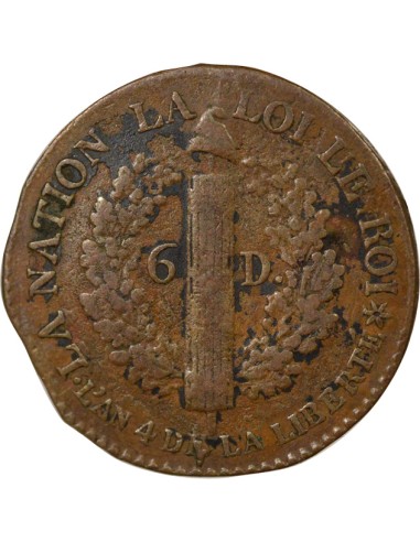 Louis XVI au Faisceau 6 deniers Cuivre 1792 BB Strasbourg