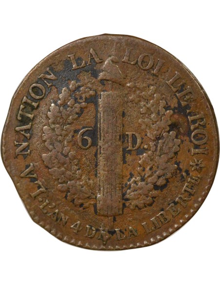 Louis XVI au Faisceau 6 deniers Cuivre 1792 BB Strasbourg