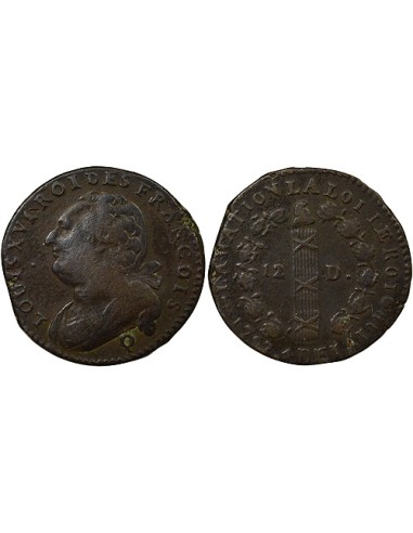 Louis XVI au Faisceau 12 deniers Cuivre 1792 Q Perpignan