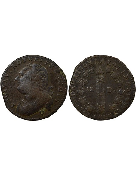 Louis XVI au Faisceau 12 deniers Cuivre 1792 Q Perpignan