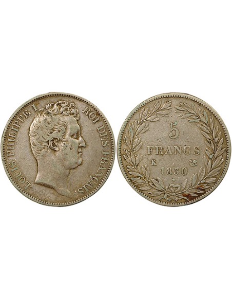 Louis-Philippe Ier Tr. en Creux 5 francs Argent 1830 K Bordeaux