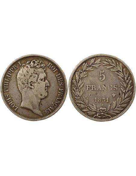 Louis-Philippe Ier Tr. en Creux 5 francs Argent 1831 Q Perpignan