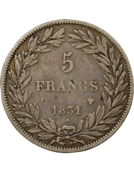 Louis-Philippe Ier Tr. en Creux 5 francs Argent 1831 Q Perpignan