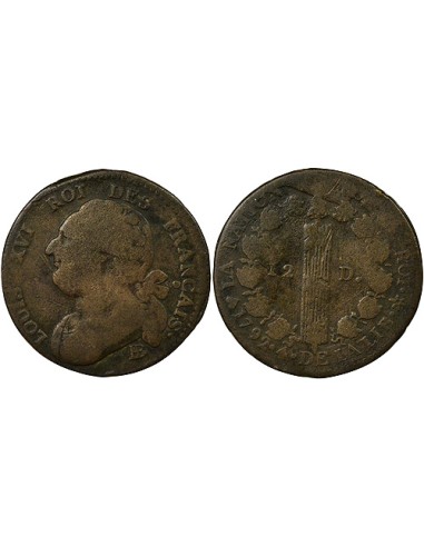 Louis XVI au Faisceau 12 deniers Cuivre 1792 BB Strasbourg
