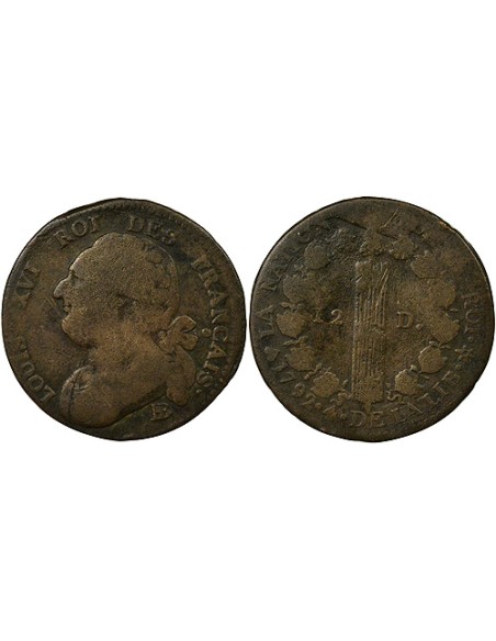 Louis XVI au Faisceau 12 deniers Cuivre 1792 BB Strasbourg