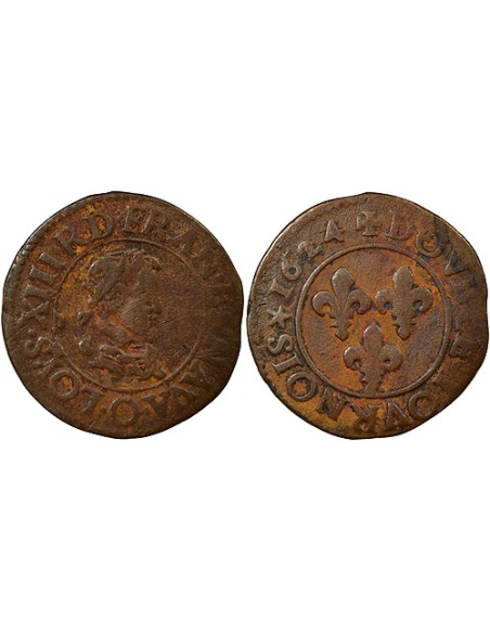 Louis XIII Type 3 1 double tournois Cuivre 1624 O Riom