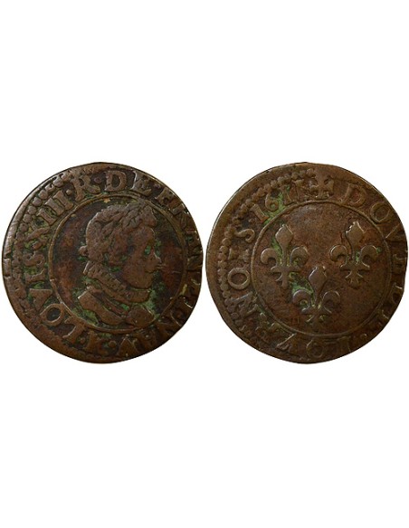 Louis XIII Type 2 1 double tournois Cuivre 1611 K Bordeaux