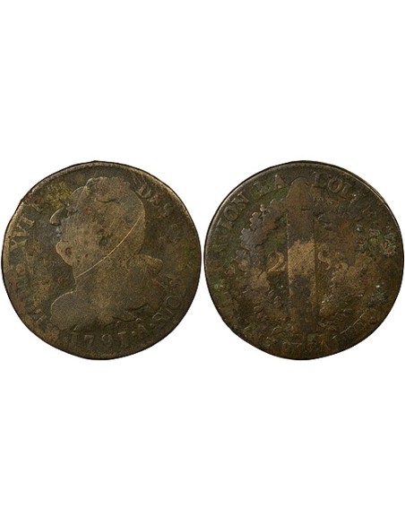 Louis XVI au Faisceau 2 sols Métal de Cloche 1791 A - Paris