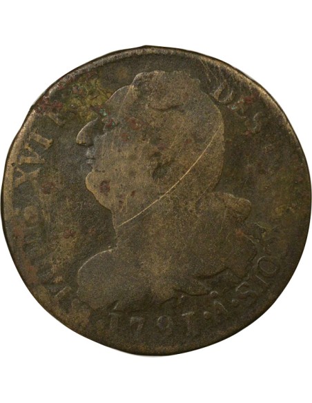 Louis XVI au Faisceau 2 sols Métal de Cloche 1791 A - Paris