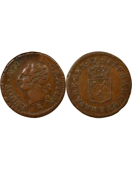 Louis XVI A l'Ecu 1 liard Cuivre 1791 T Nantes