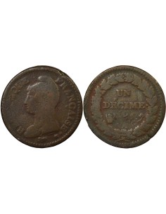 Refrappe du 2 Décimes 1 décime Cuivre An 5 A - Paris