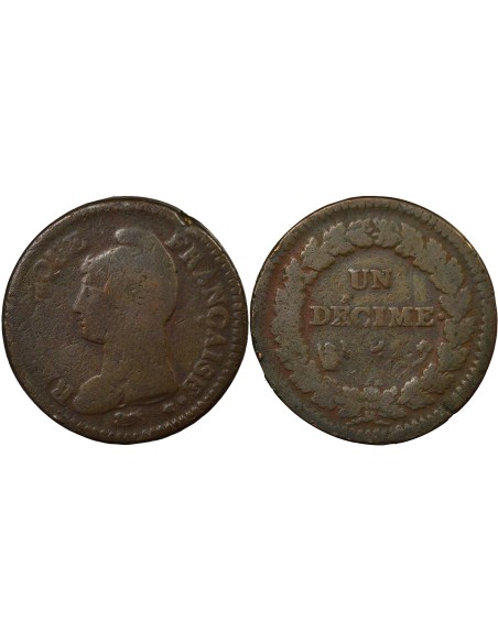 Refrappe du 2 Décimes 1 décime Cuivre An 5 A - Paris